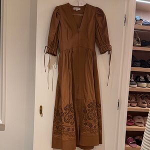 HUNTER BELL Brown Eyelet-Trim Midi Dress